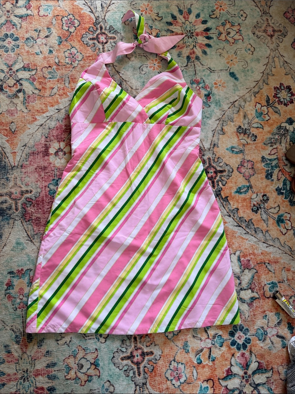 Pink & Green Striped Halter Summer Dress